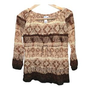 LizWear Earthy Boho Womens Top Size Medium Brown Leopard Paisley Geometric Print